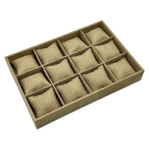 13 3/4" x 9 1/2" x 2" Burlap 12 Compartment Tray with Jewelry Display Pillows