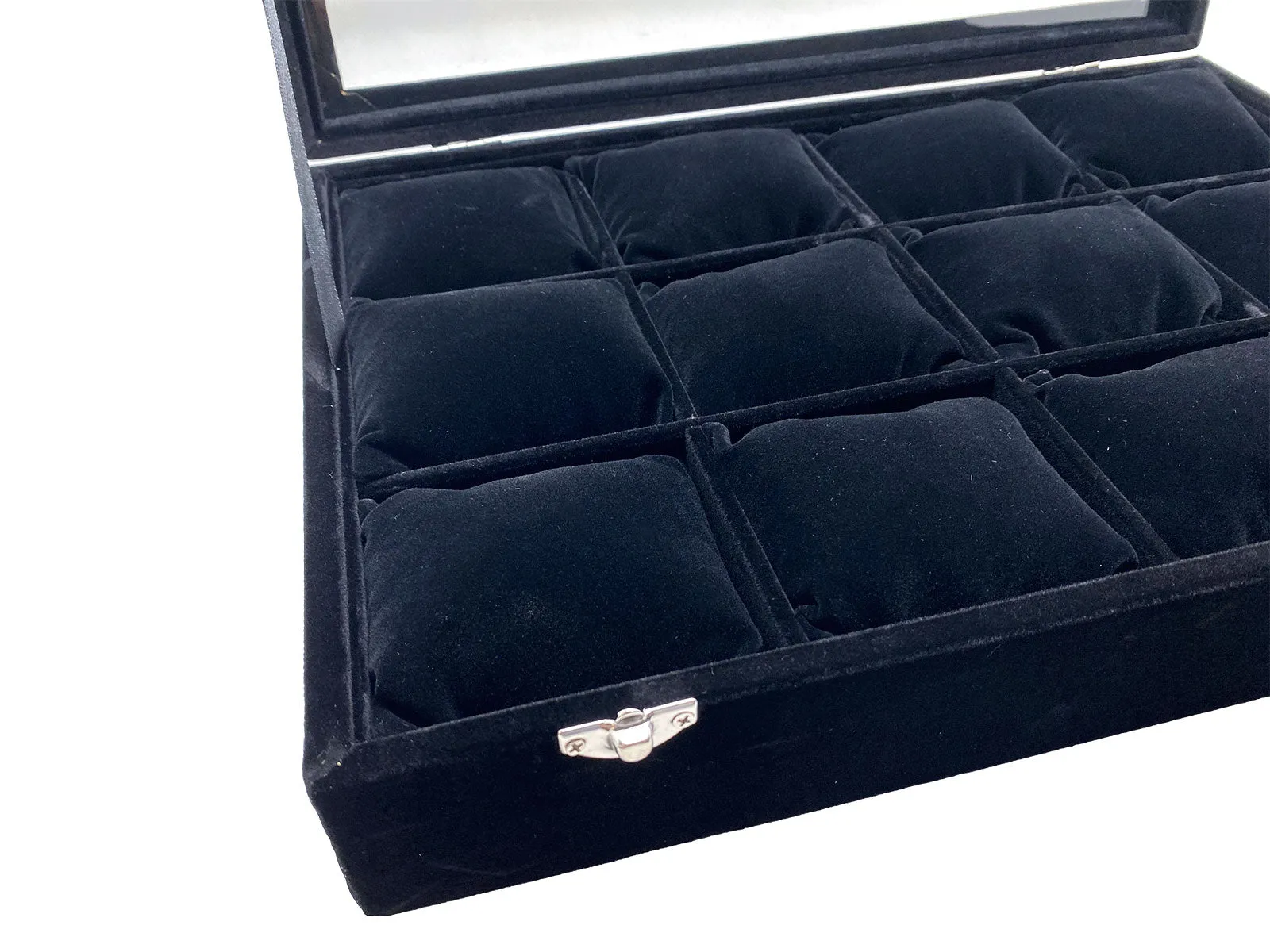 13 3/4" x 9 1/2" x 3" Glass Top Case with 12 Black Velvet Jewelry Display Pillows