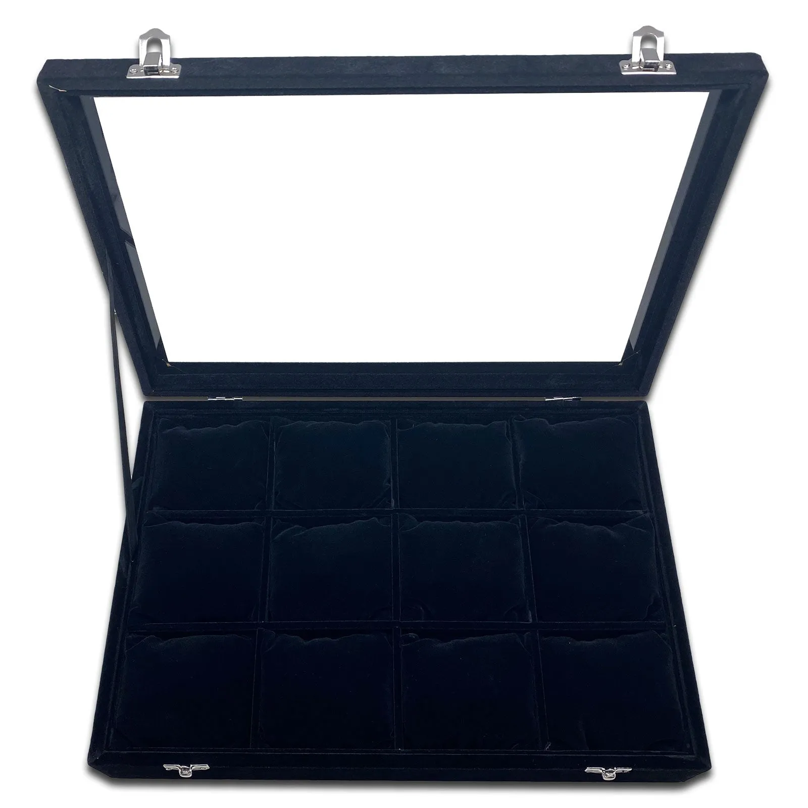 13 3/4" x 9 1/2" x 3" Glass Top Case with 12 Black Velvet Jewelry Display Pillows