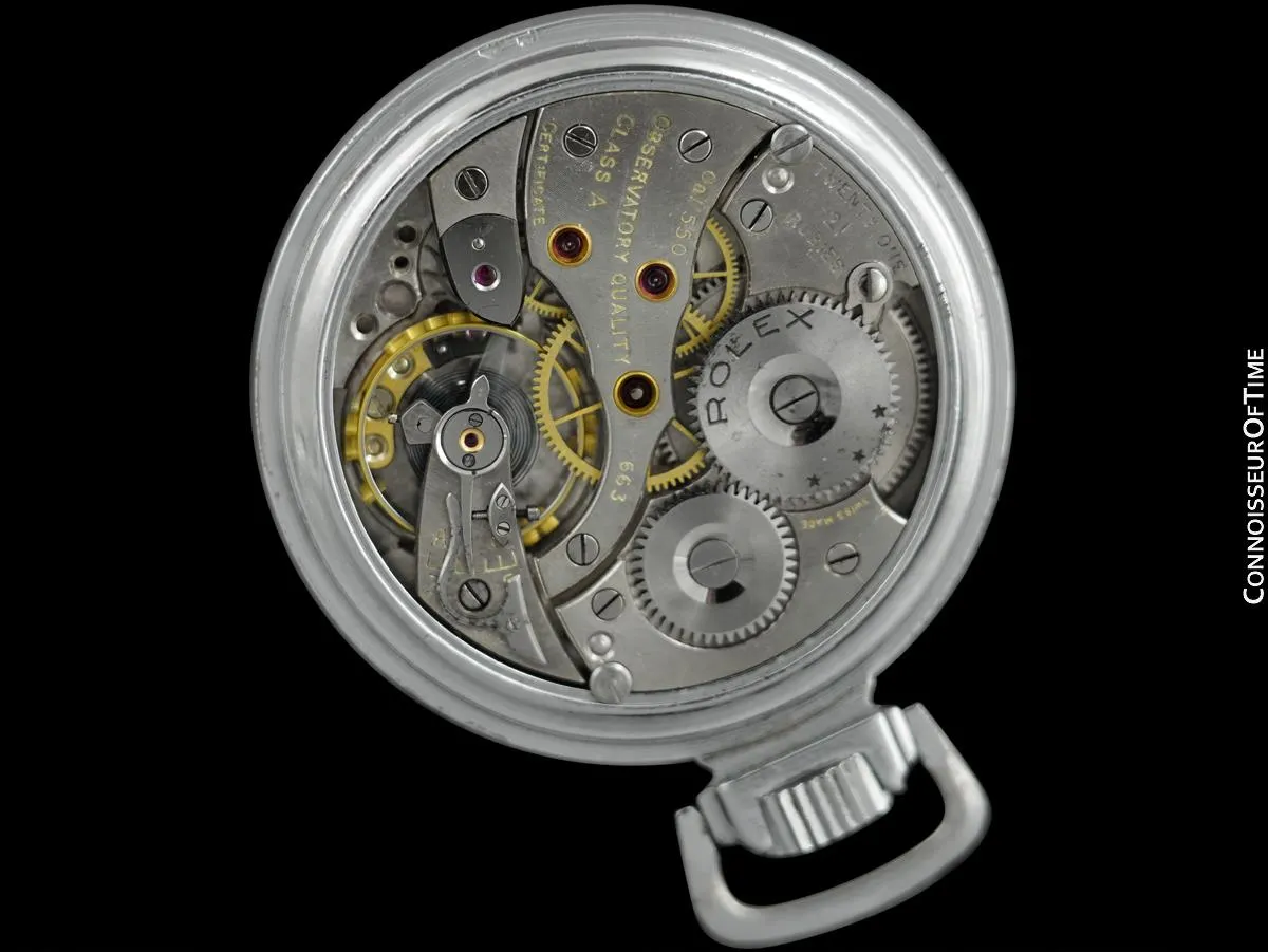 1930's Rolex Railroad Kew A Chronometer 21J Antique Mens Pocket Watch, 52mm - Snowite Chrome