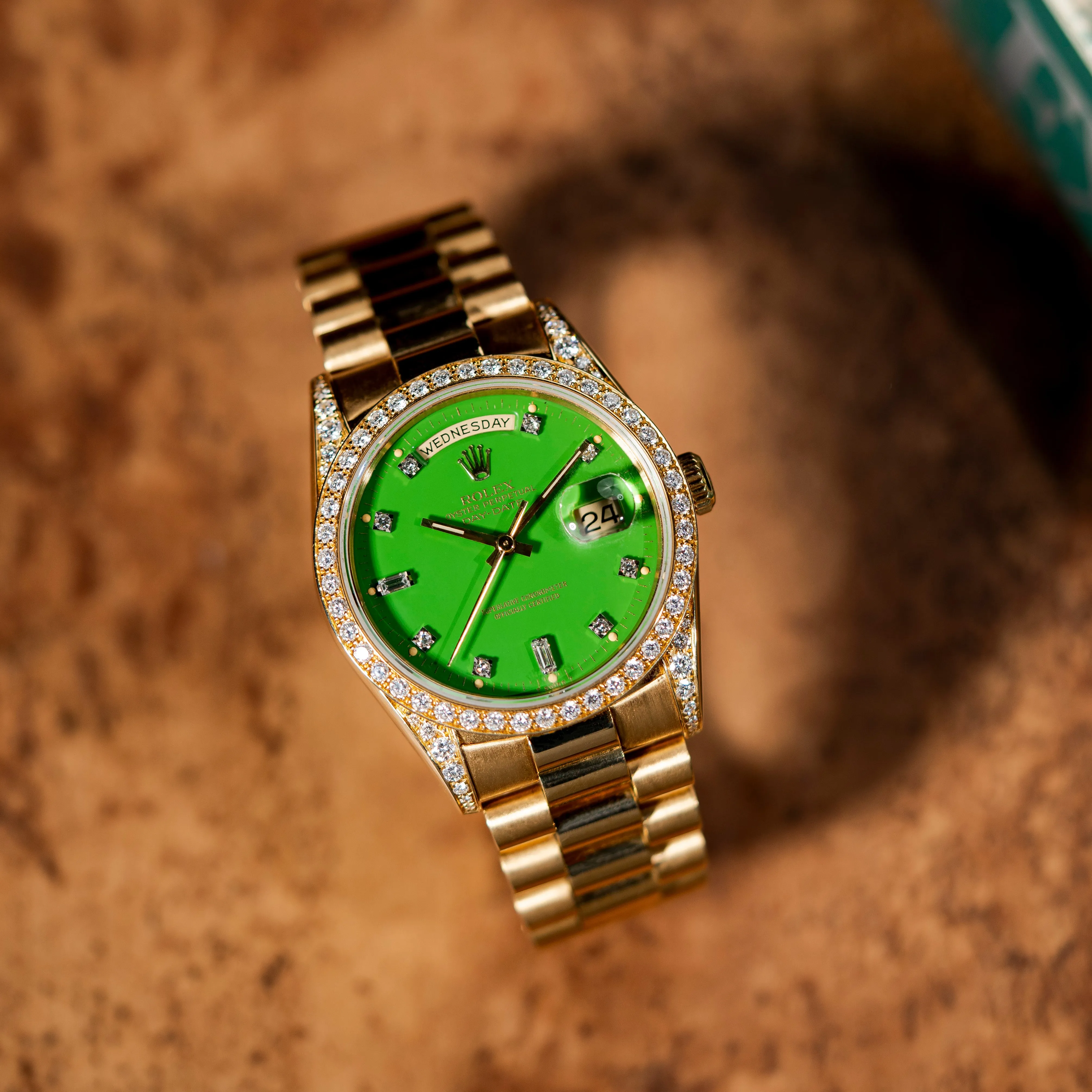 1991 Rolex Day Date Factory Diamonds Green Stella Dial Ref. 18388