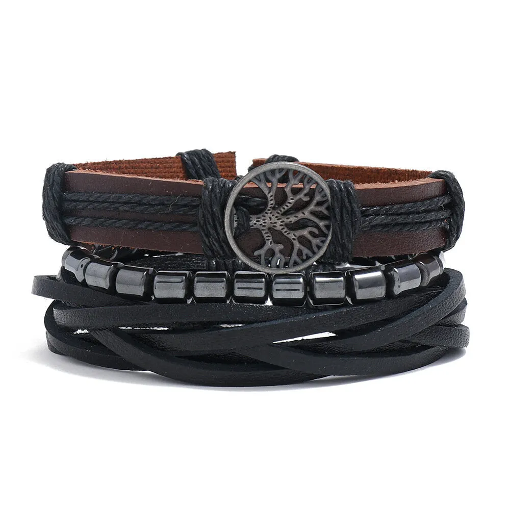3 Pcs Men's Vintage Cowhide Leather Alloy Tree Of Life Pendant Braided Bracelet Set