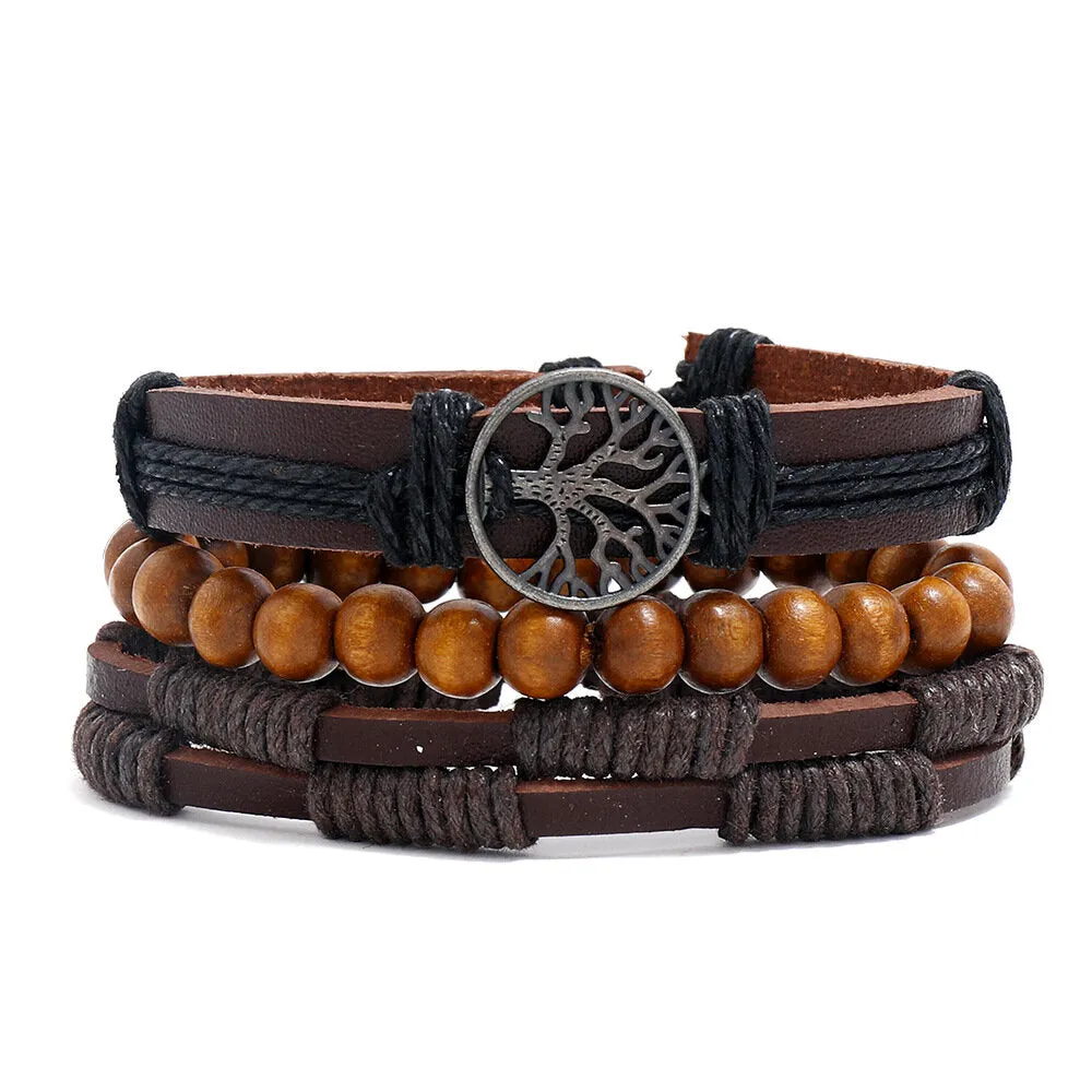 3 Pcs Men's Vintage Cowhide Leather Alloy Tree Of Life Pendant Braided Bracelet Set