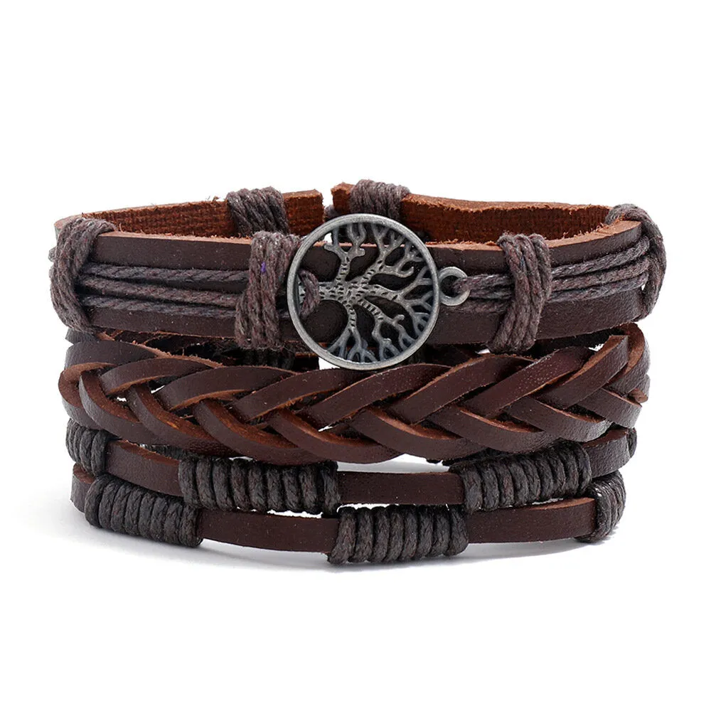 3 Pcs Men's Vintage Cowhide Leather Alloy Tree Of Life Pendant Braided Bracelet Set