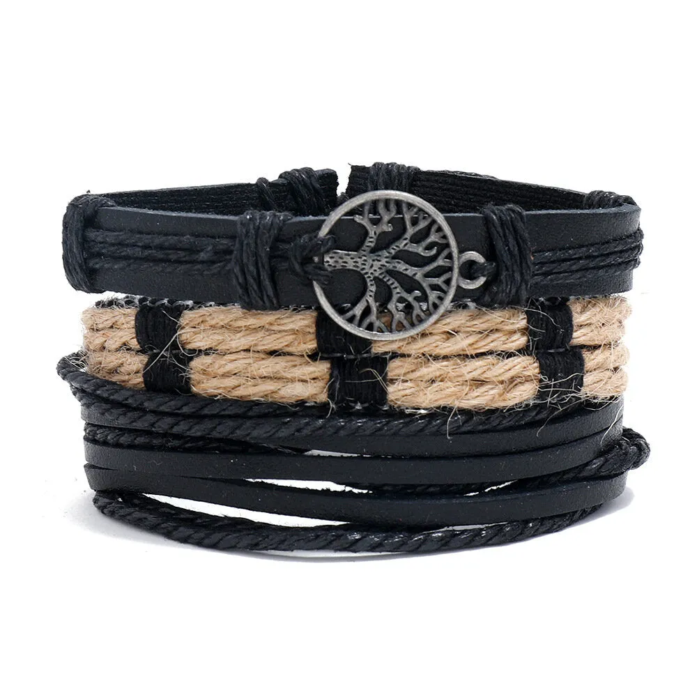 3 Pcs Men's Vintage Cowhide Leather Alloy Tree Of Life Pendant Braided Bracelet Set