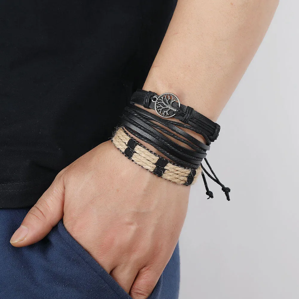 3 Pcs Men's Vintage Cowhide Leather Alloy Tree Of Life Pendant Braided Bracelet Set
