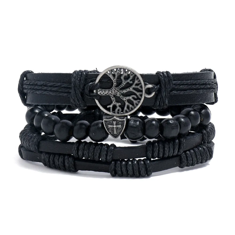 3 Pcs Men's Vintage Cowhide Leather Alloy Tree Of Life Pendant Braided Bracelet Set