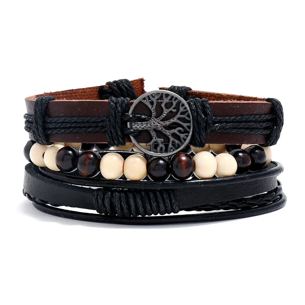 3 Pcs Men's Vintage Cowhide Leather Alloy Tree Of Life Pendant Braided Bracelet Set