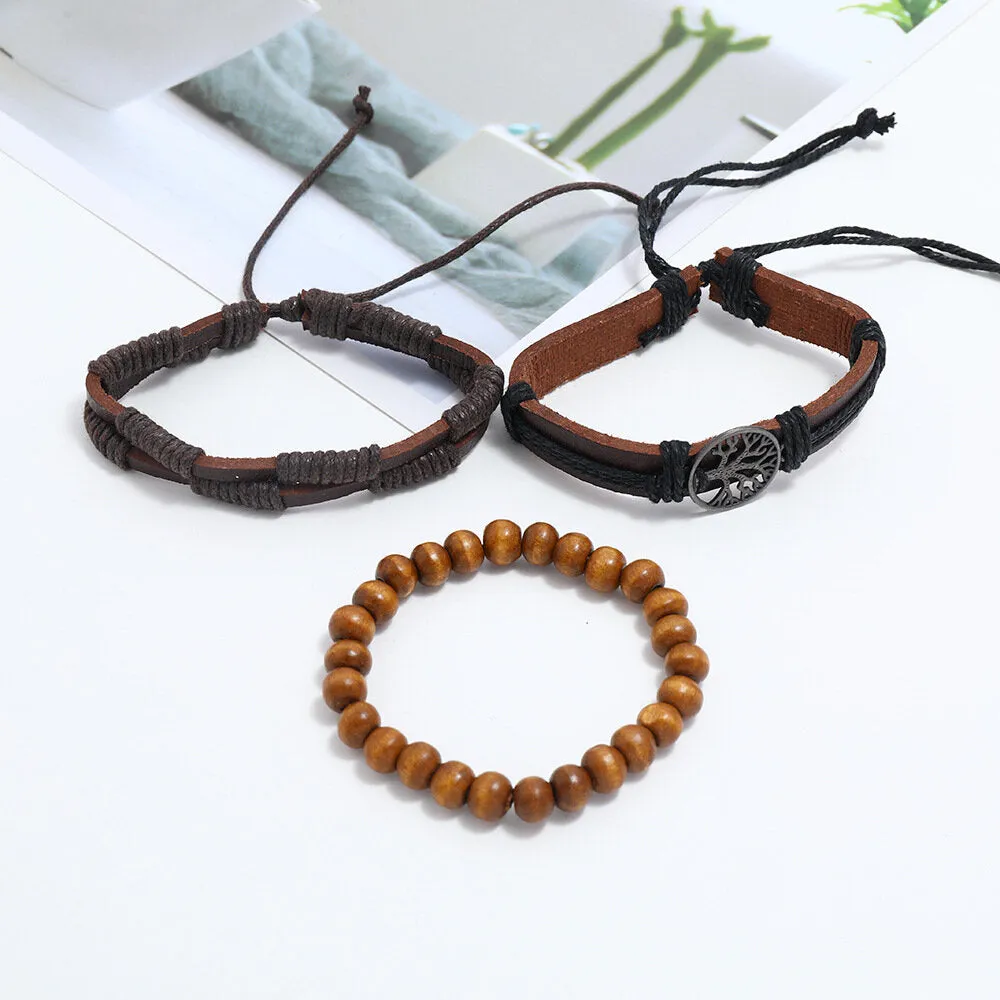 3 Pcs Men's Vintage Cowhide Leather Alloy Tree Of Life Pendant Braided Bracelet Set