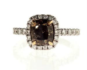 3CT Diamond Ring Natural Brown Color 18K White Gold GIA Certified Cushion Cut