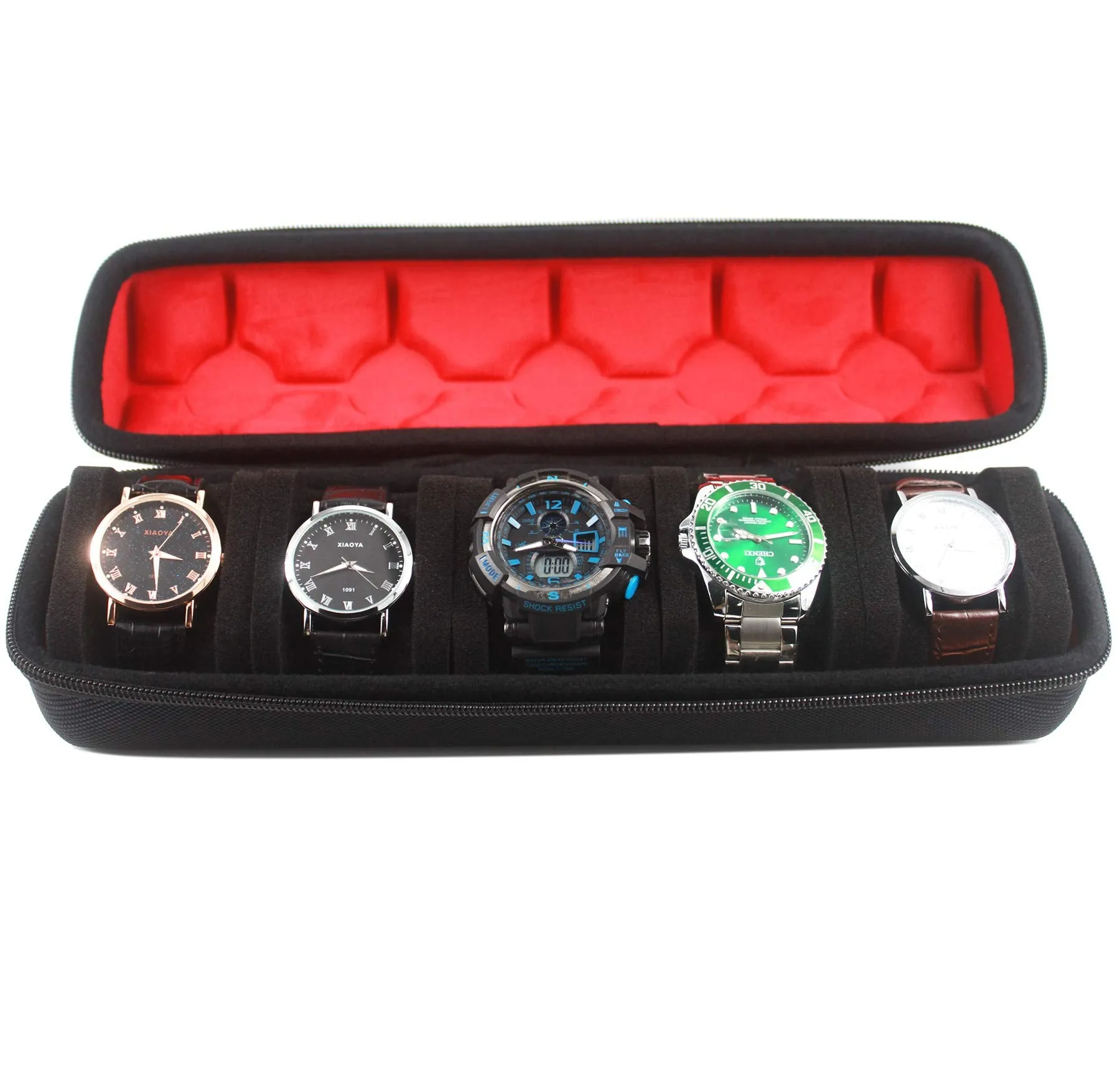 5 Slots Portable Watch roll Travel case Holder and Organizer(fit up to 55mm) with Separation Pillow, Keep Watch from Moving(Deluxe red Lining)
