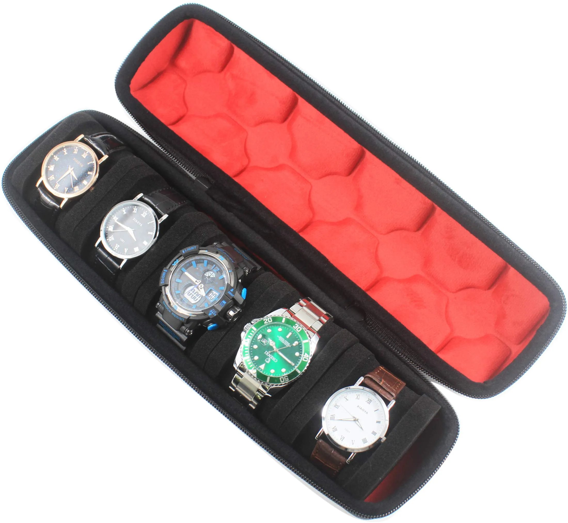5 Slots Portable Watch roll Travel case Holder and Organizer(fit up to 55mm) with Separation Pillow, Keep Watch from Moving(Deluxe red Lining)