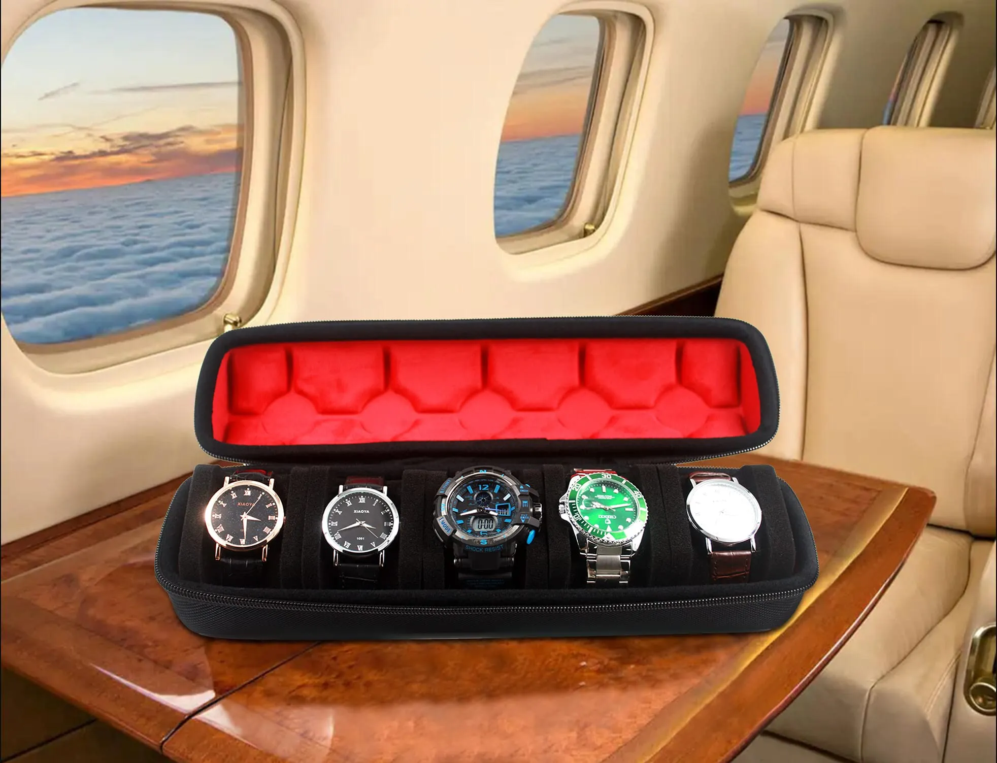 5 Slots Portable Watch roll Travel case Holder and Organizer(fit up to 55mm) with Separation Pillow, Keep Watch from Moving(Deluxe red Lining)