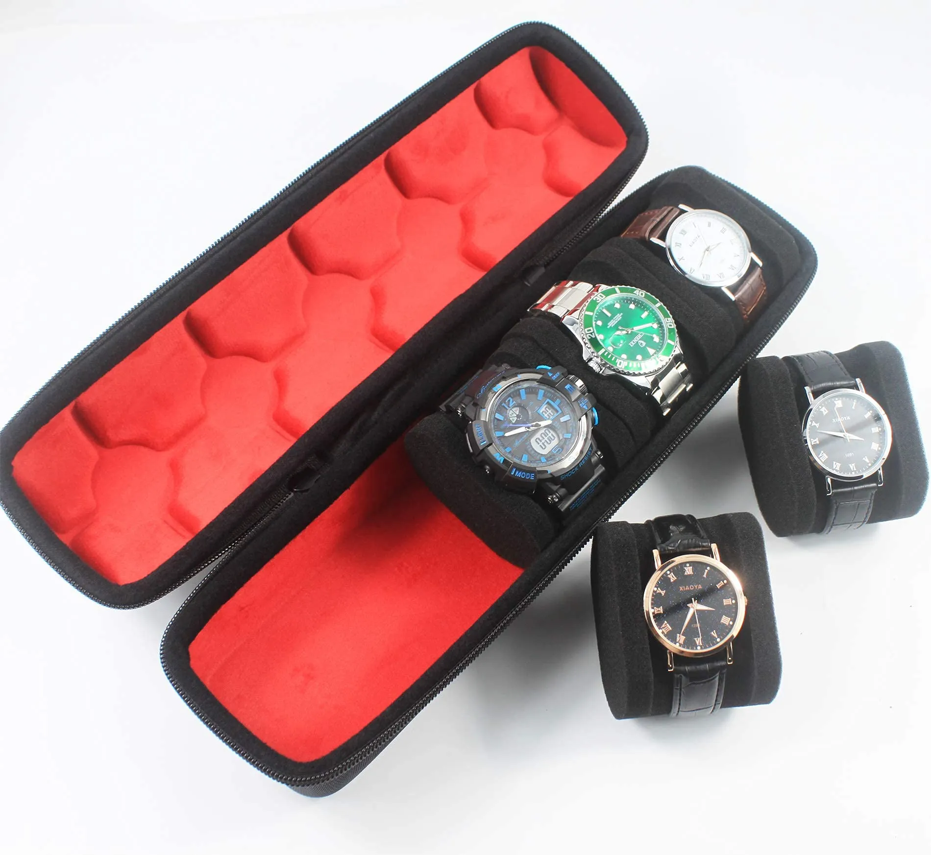 5 Slots Portable Watch roll Travel case Holder and Organizer(fit up to 55mm) with Separation Pillow, Keep Watch from Moving(Deluxe red Lining)