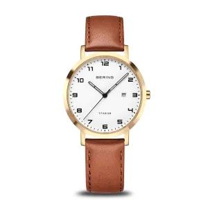 Bering Titanium Gold White Dial & Tan Leather Strap Watch