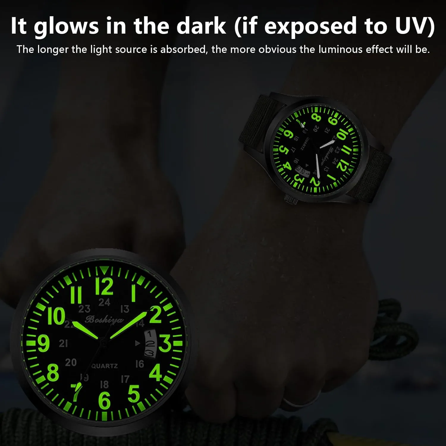 BOSHIYA Men's Watch Unisex Outdoor Sports Nylon Band Fashion Glow-in-The-Dark Fashion Watch Analog Quartz Watch for Men's Waterproof Tactical Casual Watch