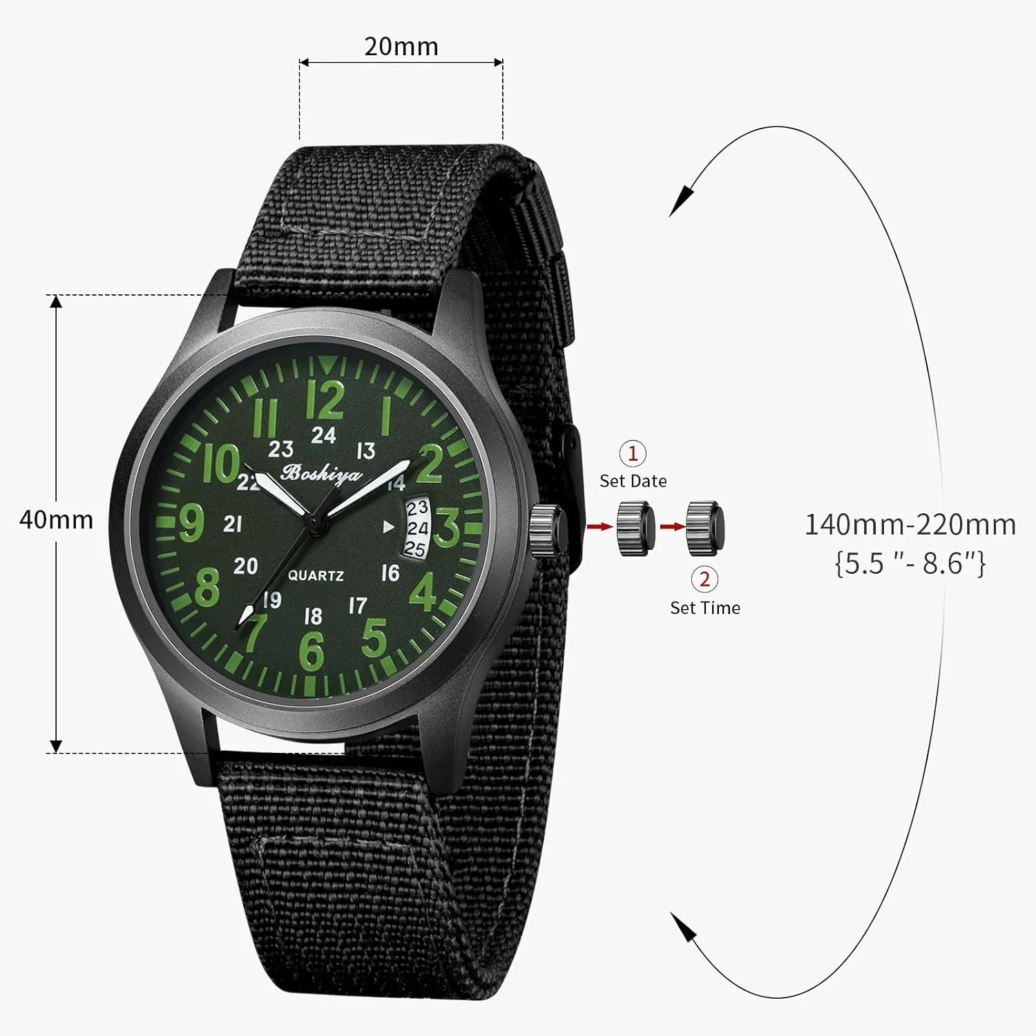 BOSHIYA Men's Watch Unisex Outdoor Sports Nylon Band Fashion Glow-in-The-Dark Fashion Watch Analog Quartz Watch for Men's Waterproof Tactical Casual Watch