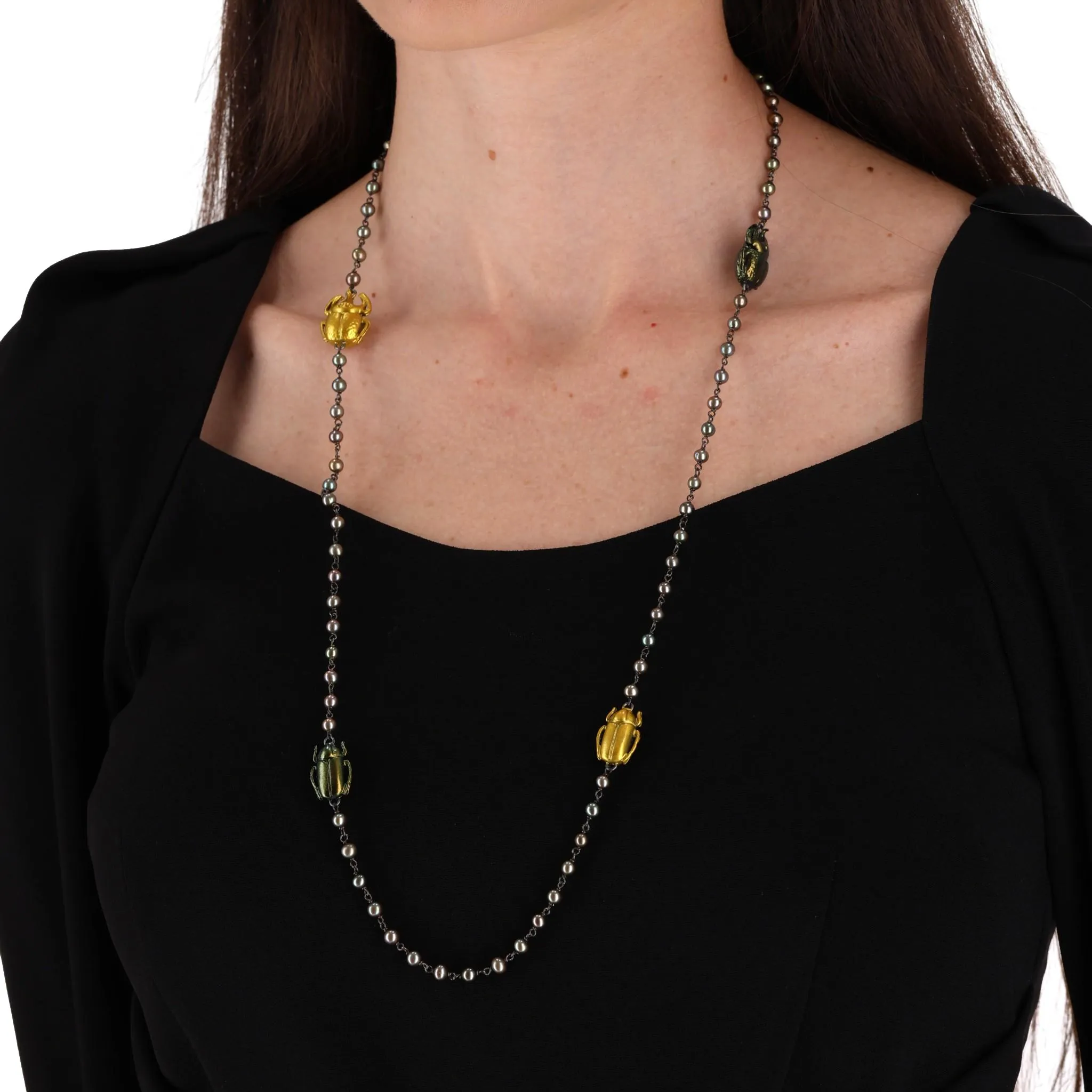 Bottega Veneta Scarab Necklace With Fresh Water Pearls, Oxidized Sterling Silver & Gold Plated