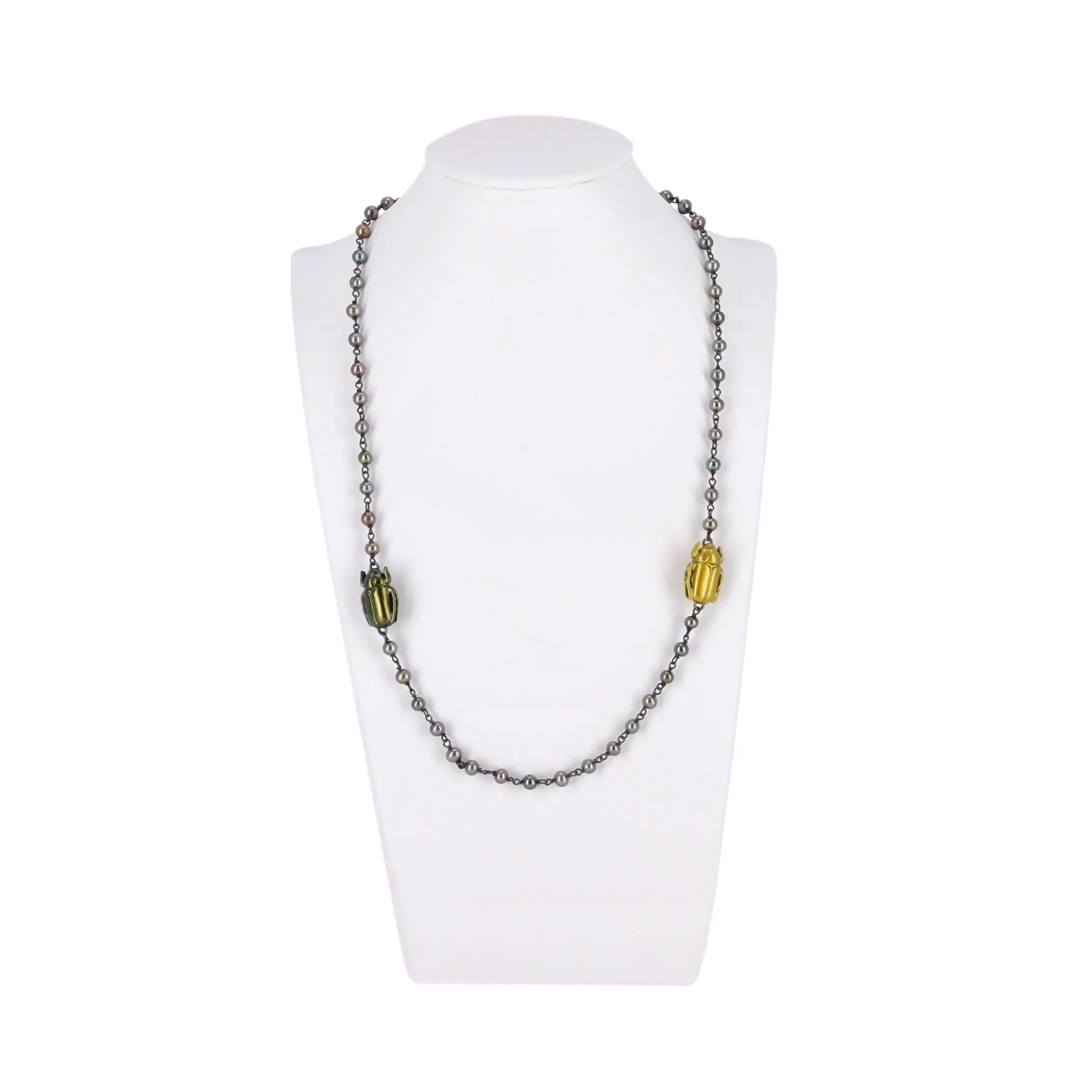 Bottega Veneta Scarab Necklace With Fresh Water Pearls, Oxidized Sterling Silver & Gold Plated