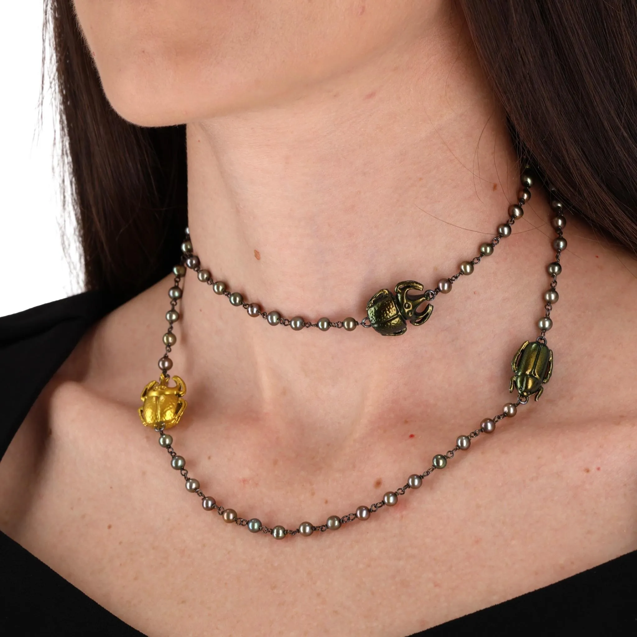 Bottega Veneta Scarab Necklace With Fresh Water Pearls, Oxidized Sterling Silver & Gold Plated