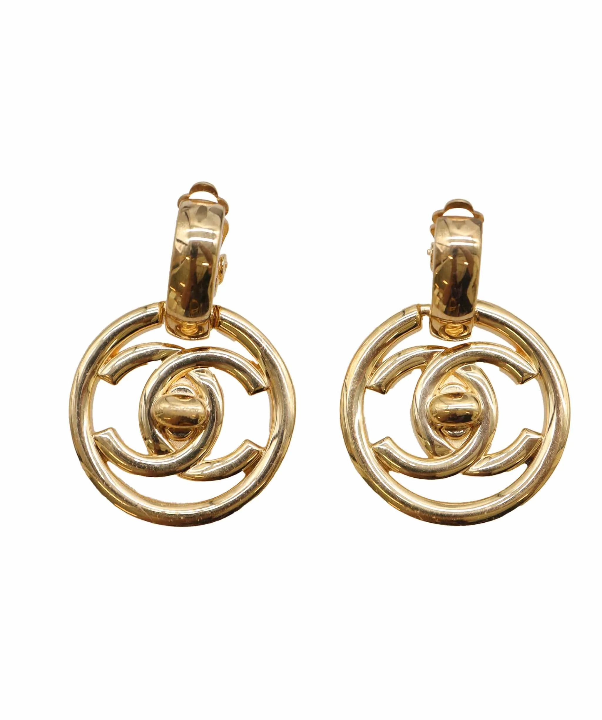 Chanel 24k Gold Gilded CC Turnlock Drop Clip On Earrings 97P DXBS2258