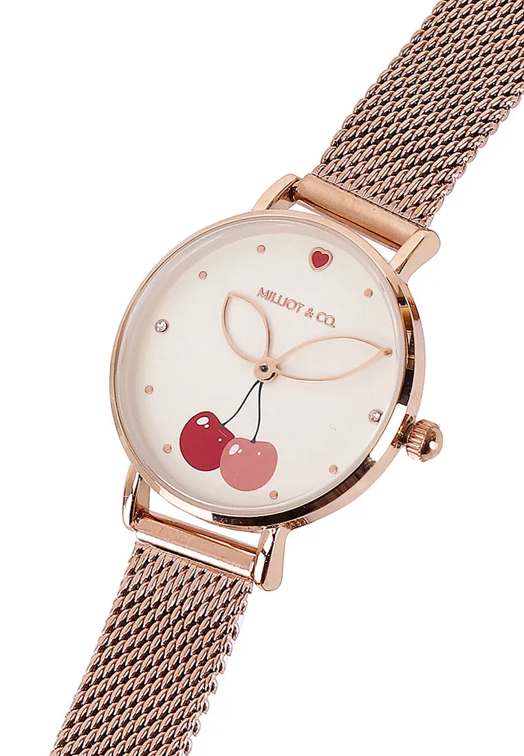 Chloe Rose Gold Mesh Analog Watch with Bangle Set (Salmon)