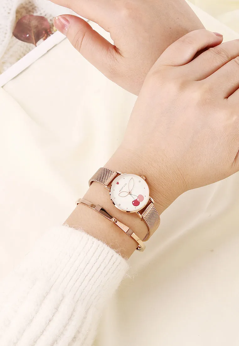 Chloe Rose Gold Mesh Analog Watch with Bangle Set (Salmon)