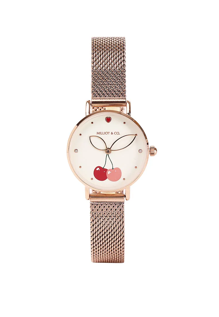 Chloe Rose Gold Mesh Analog Watch with Bangle Set (Salmon)
