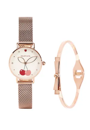 Chloe Rose Gold Mesh Analog Watch with Bangle Set (Salmon)