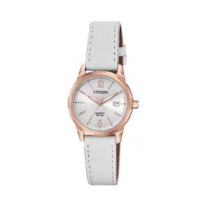 Citizen Womens White Leather Band Silver Japanese Quartz Dial Casual Watch - EU6073-02A