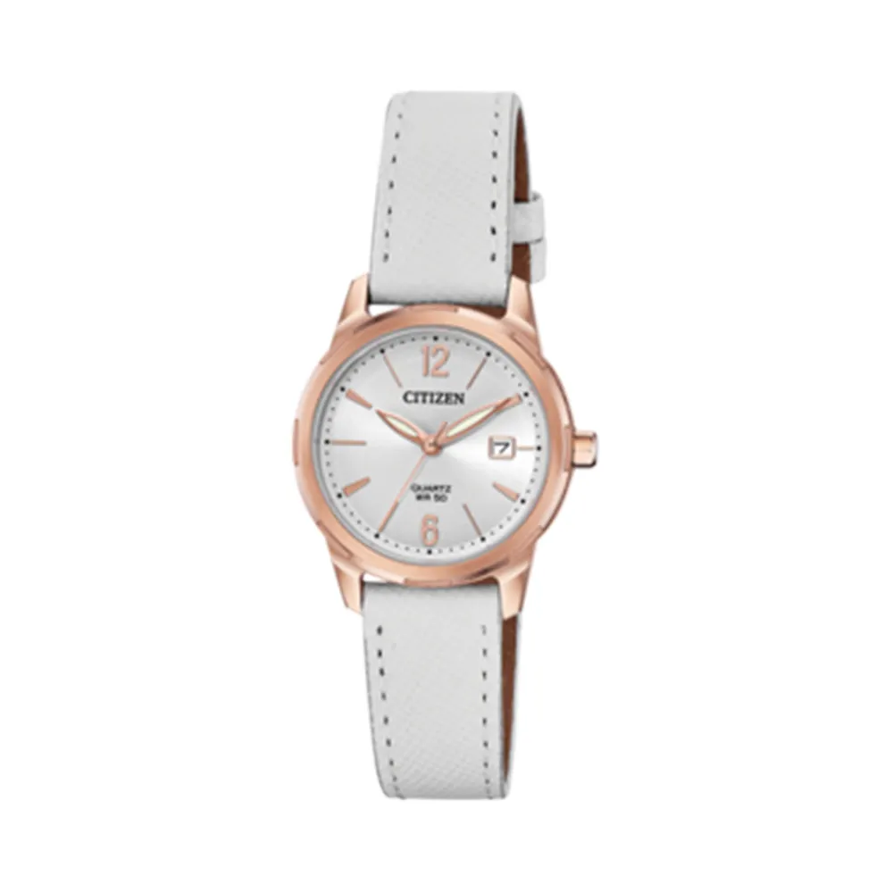 Citizen Womens White Leather Band Silver Japanese Quartz Dial Casual Watch - EU6073-02A