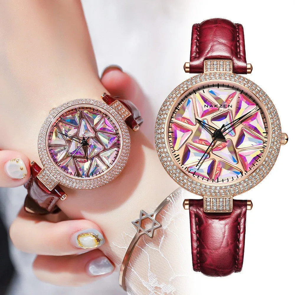 Diamond Dial Leather Strap Women's Watches