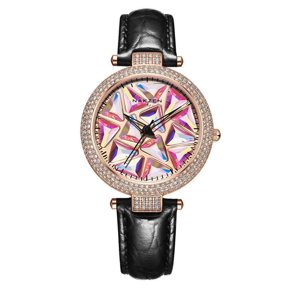 Diamond Dial Leather Strap Women's Watches
