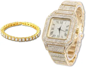 Diamond Watch for Men Guys - Square Dial - 20MM Wide Wristband 18k Real Gold/White Gold Platinum Plated Iced Out, with Tennis Chain Set Optional, Gift for Boyfriend Husband