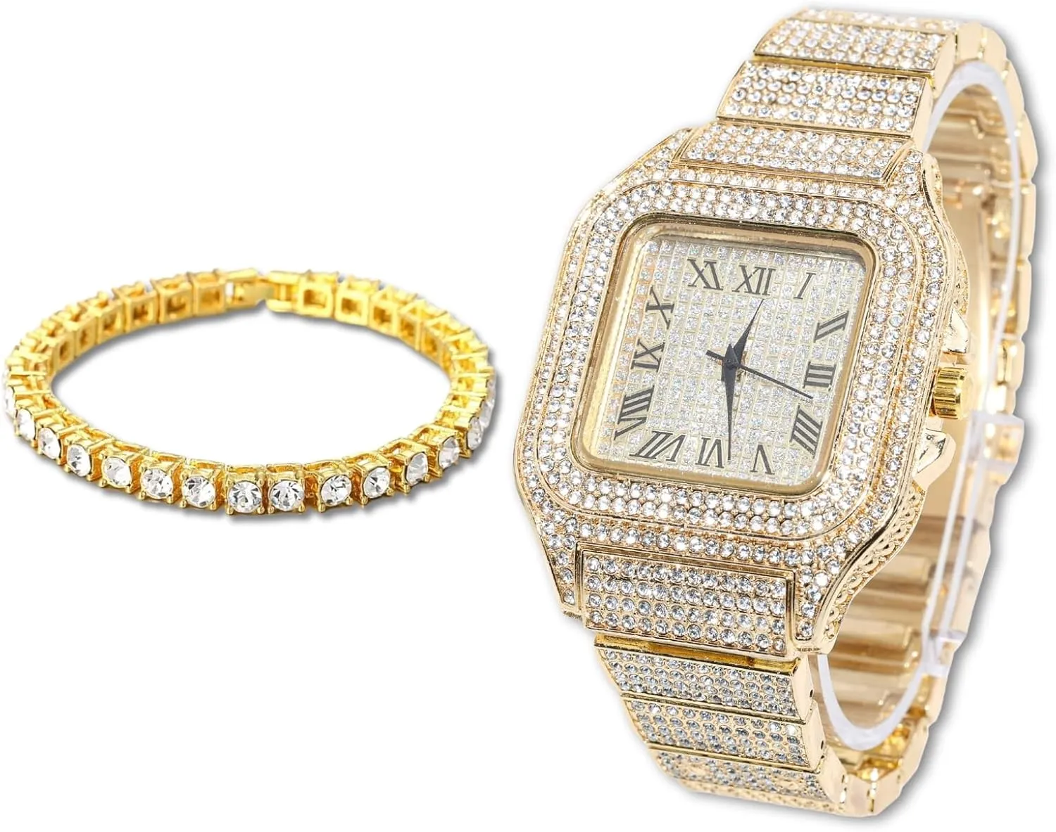 Diamond Watch for Men Guys - Square Dial - 20MM Wide Wristband 18k Real Gold/White Gold Platinum Plated Iced Out, with Tennis Chain Set Optional, Gift for Boyfriend Husband