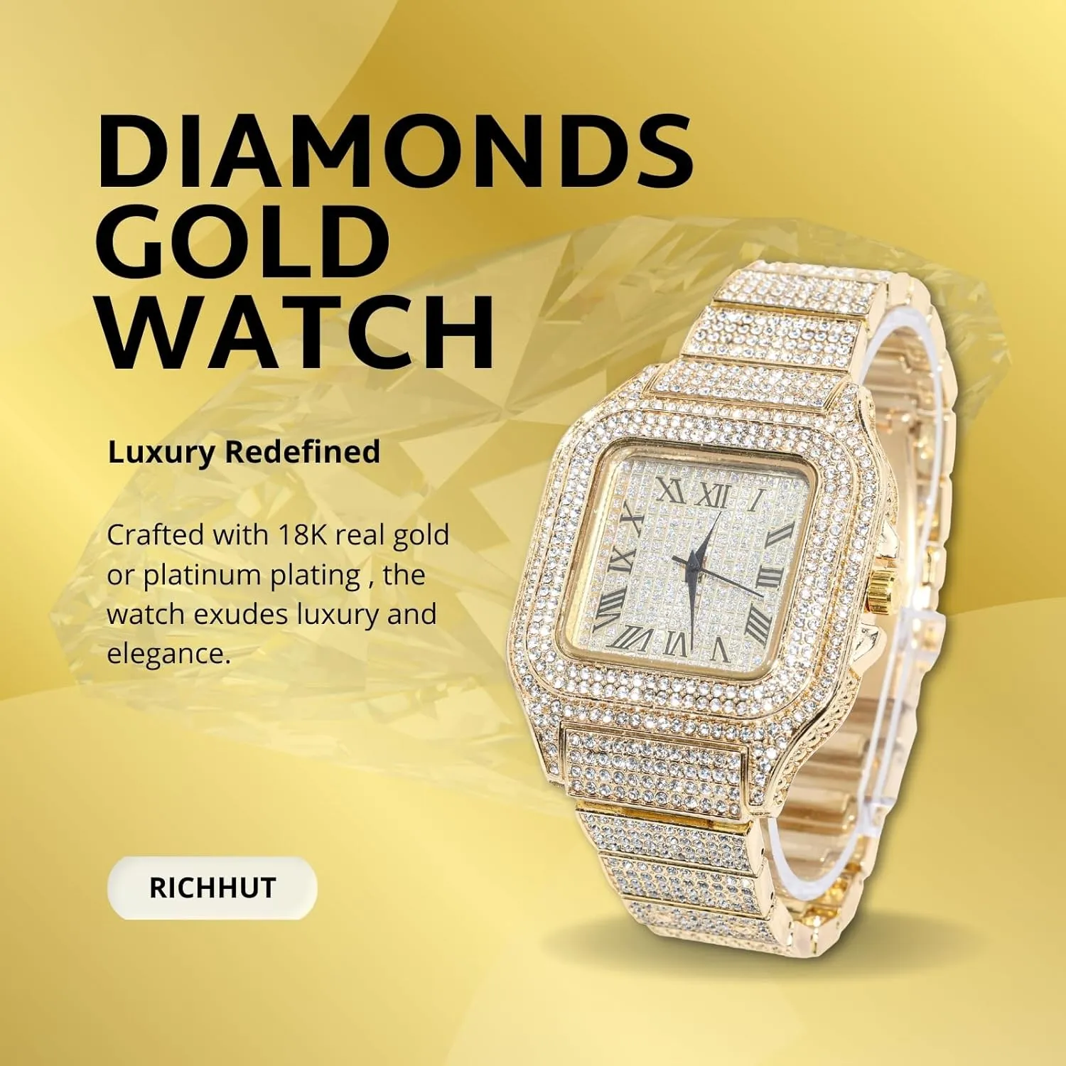 Diamond Watch for Men Guys - Square Dial - 20MM Wide Wristband 18k Real Gold/White Gold Platinum Plated Iced Out, with Tennis Chain Set Optional, Gift for Boyfriend Husband