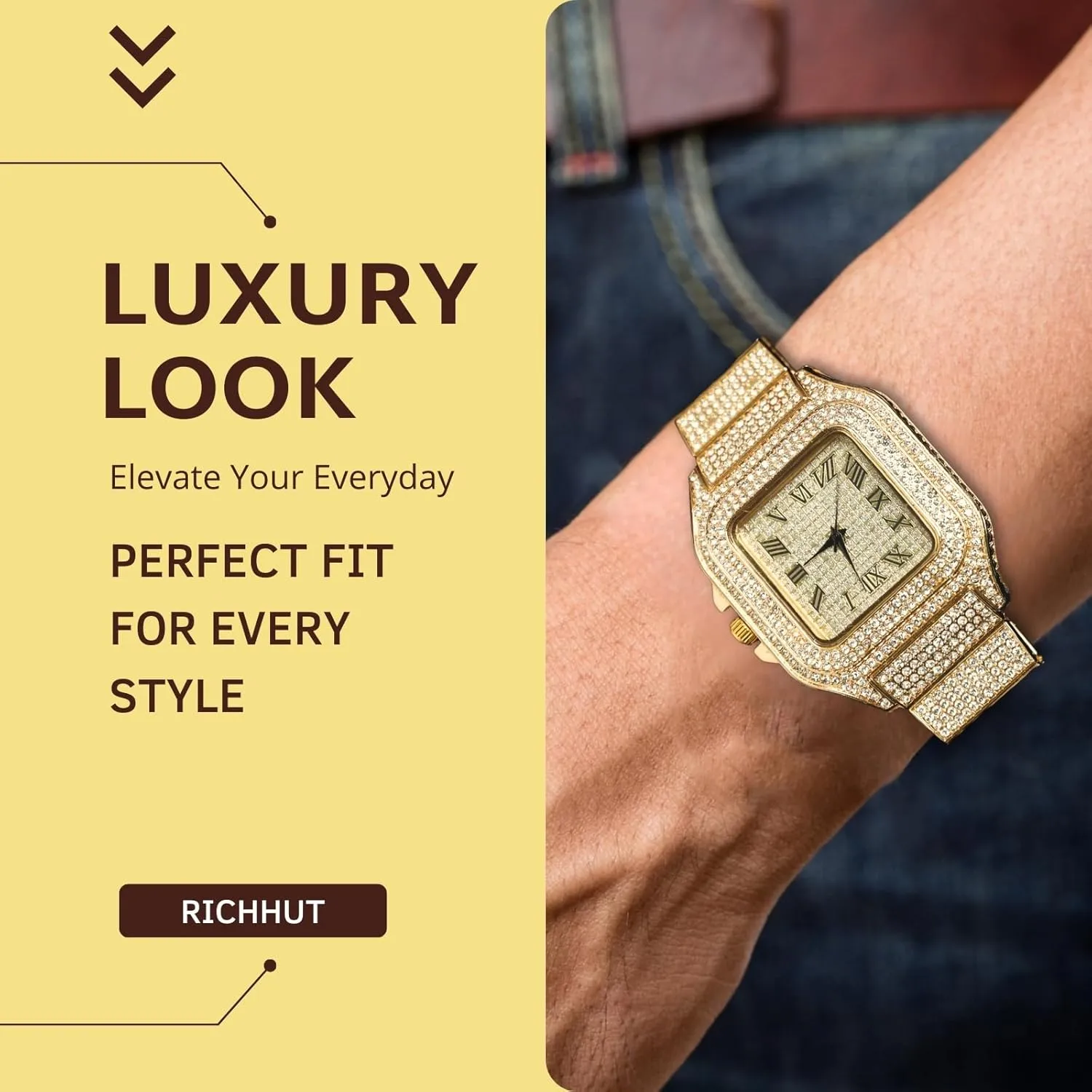 Diamond Watch for Men Guys - Square Dial - 20MM Wide Wristband 18k Real Gold/White Gold Platinum Plated Iced Out, with Tennis Chain Set Optional, Gift for Boyfriend Husband
