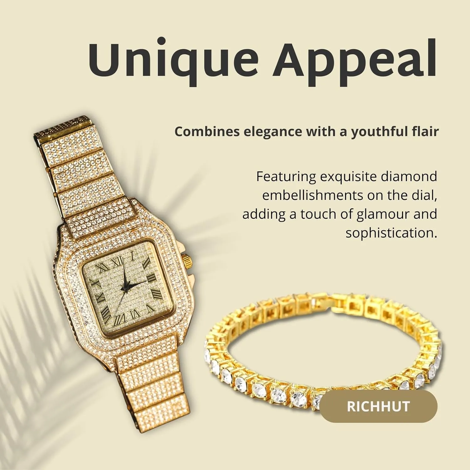 Diamond Watch for Men Guys - Square Dial - 20MM Wide Wristband 18k Real Gold/White Gold Platinum Plated Iced Out, with Tennis Chain Set Optional, Gift for Boyfriend Husband