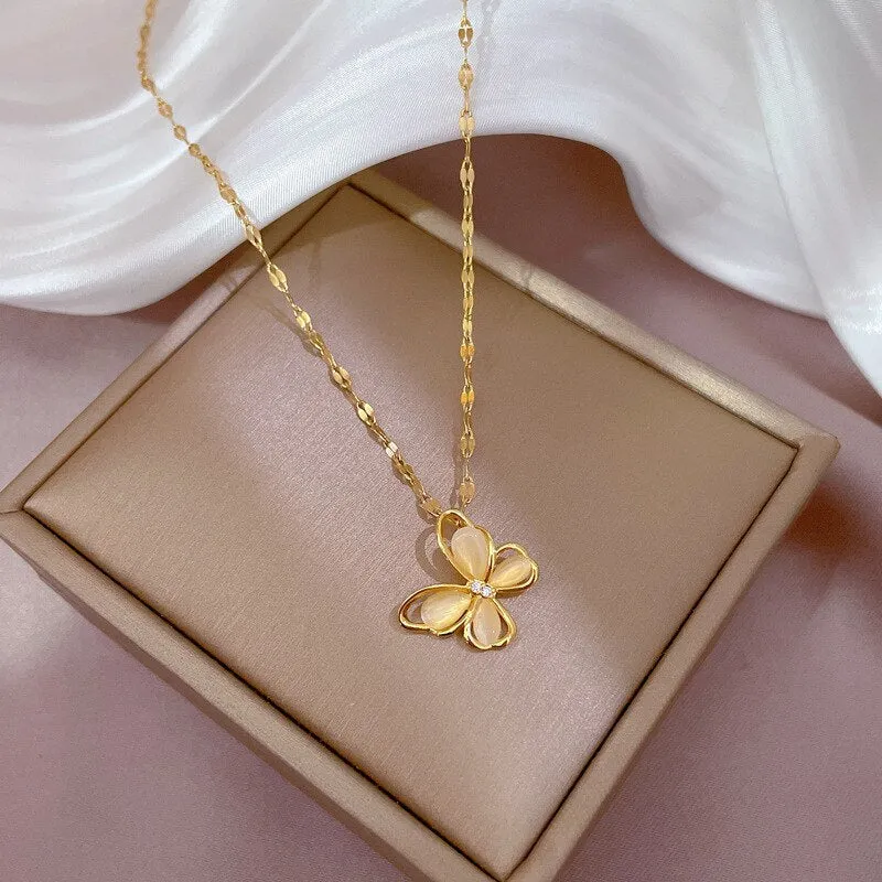 Exquisite Luxury New Women's Sweater Chain Opal Butterfly Necklace