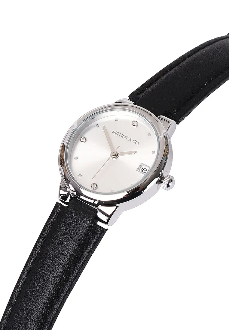 Fae Silver Leather Analog Watches with Necklace Set (Black)