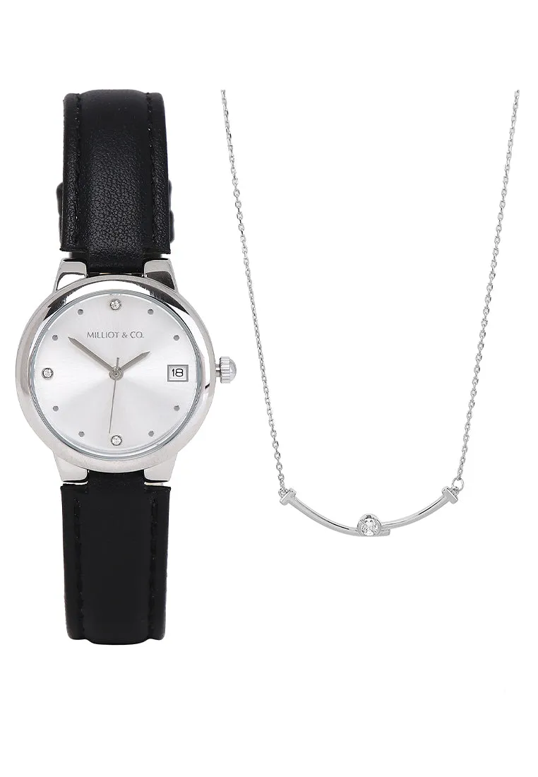 Fae Silver Leather Analog Watches with Necklace Set (Black)