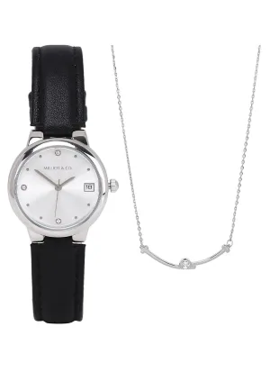 Fae Silver Leather Analog Watches with Necklace Set (Black)