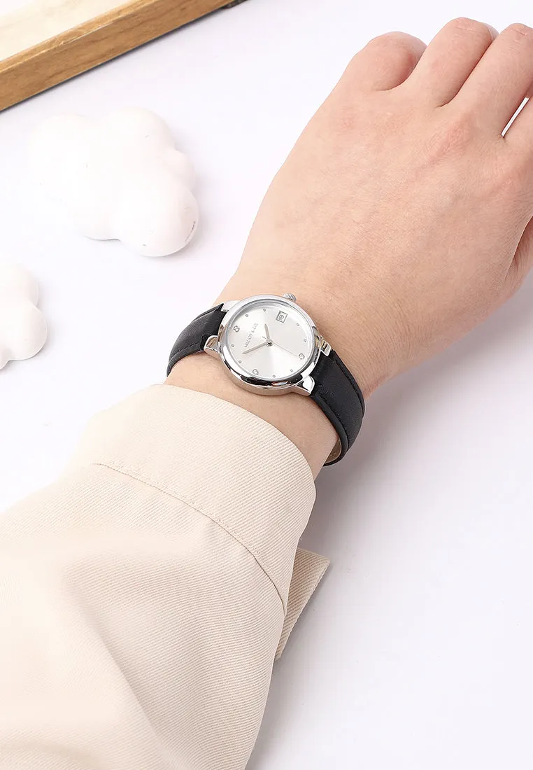 Fae Silver Leather Analog Watches with Necklace Set (Black)