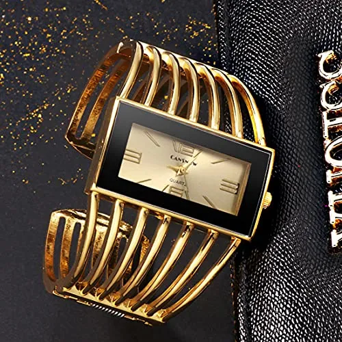 Fashion Cuff Bracelet Watches for Women Luxury Rectangular DialAnalog Quartz Wrist Watch Gifts for Ladies (Gold)
