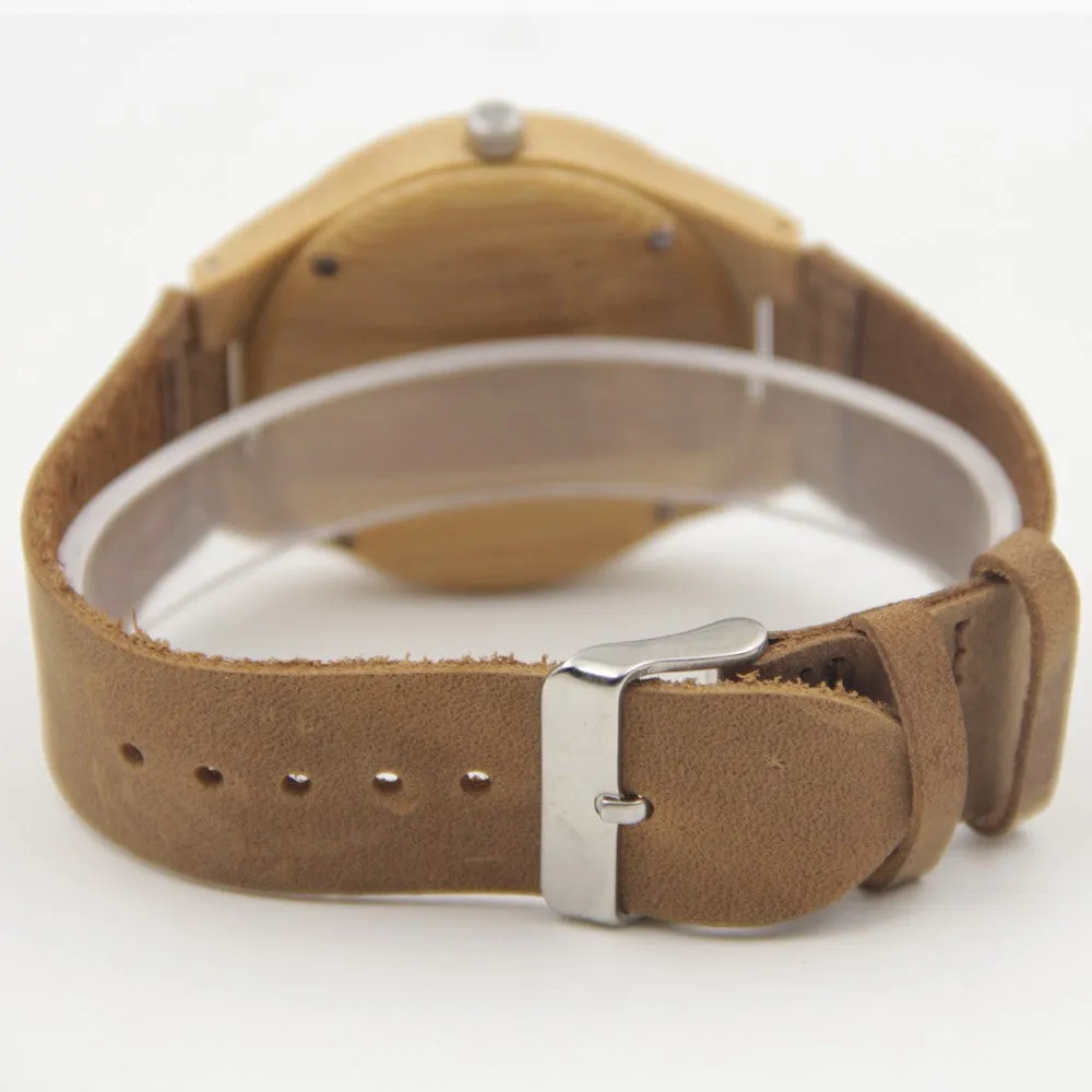 Fashion Men's Watches Bamboo Wood Wooden Watch Genuine Leather Band