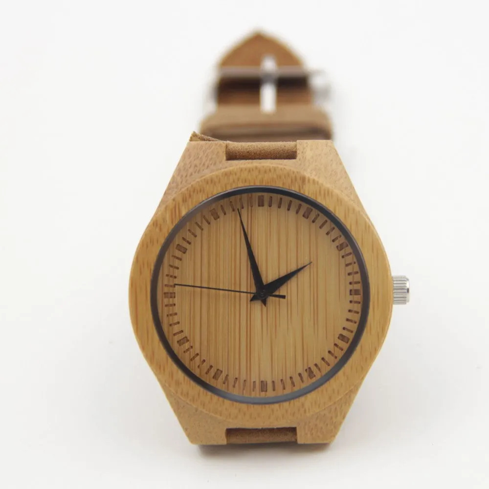 Fashion Men's Watches Bamboo Wood Wooden Watch Genuine Leather Band