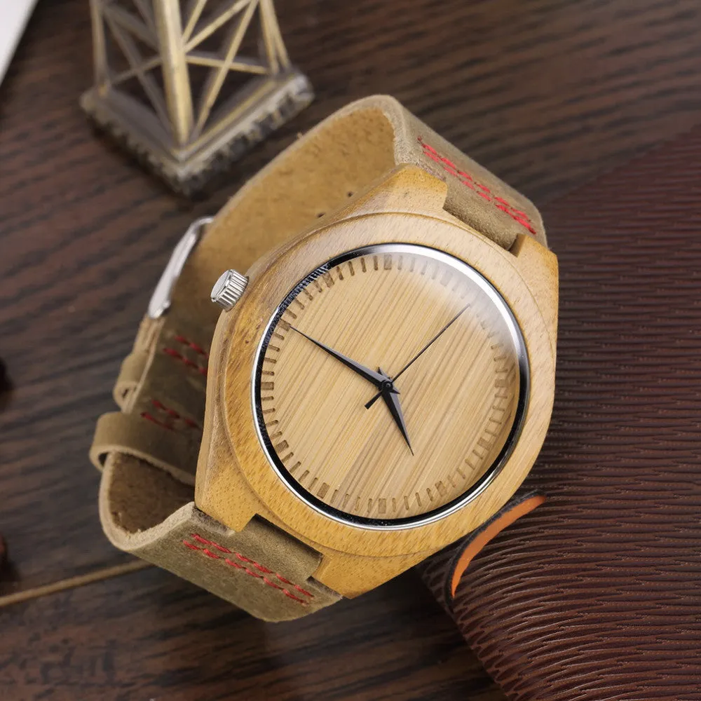 Fashion Men's Watches Bamboo Wood Wooden Watch Genuine Leather Band