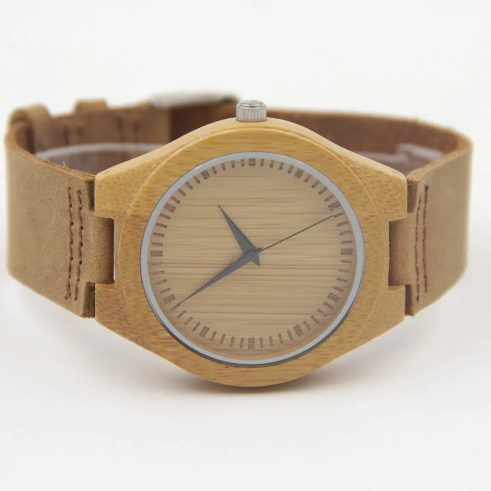 Fashion Men's Watches Bamboo Wood Wooden Watch Genuine Leather Band