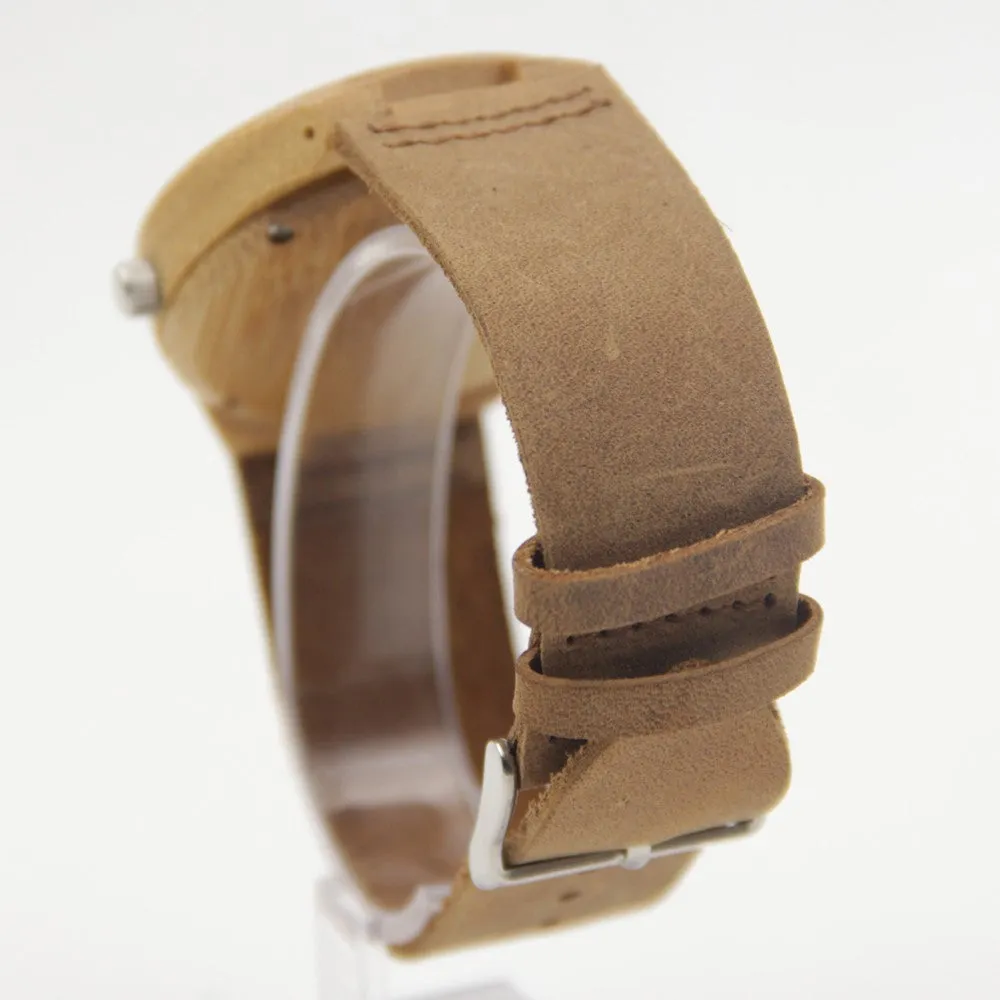 Fashion Men's Watches Bamboo Wood Wooden Watch Genuine Leather Band