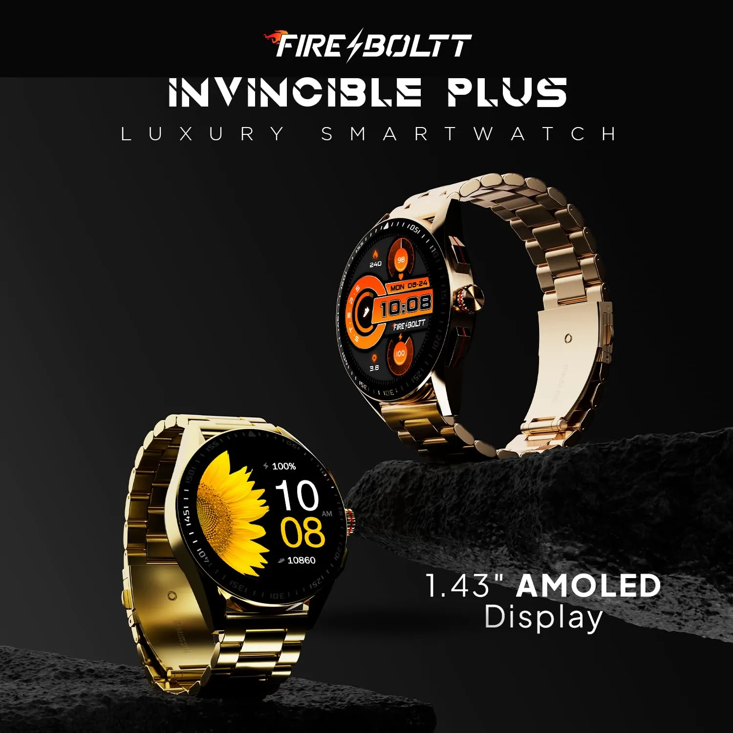 Fire-Boltt Invincible Plus 1.43" AMOLED Display Smartwatch with Bluetooth Calling, TWS Connection, 300  Sports Modes, 110 in-Built Watch Faces, 4GB Storage & AI Voice Assistant (Rose Gold SS)